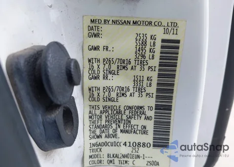 2012 Nissan Frontier Sv z USA, uszkodzony, nr VIN 1N6AD0CU1CC410880